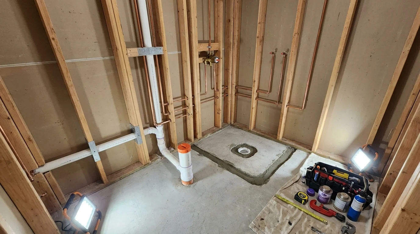 Bathroom rough-in plumbing during remodel by Johns Plumbing LLC in White River Junction