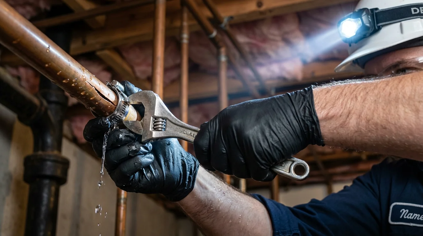 Emergency pipe clamp repair being performed by a Johns Plumbing LLC plumber in White River Junction