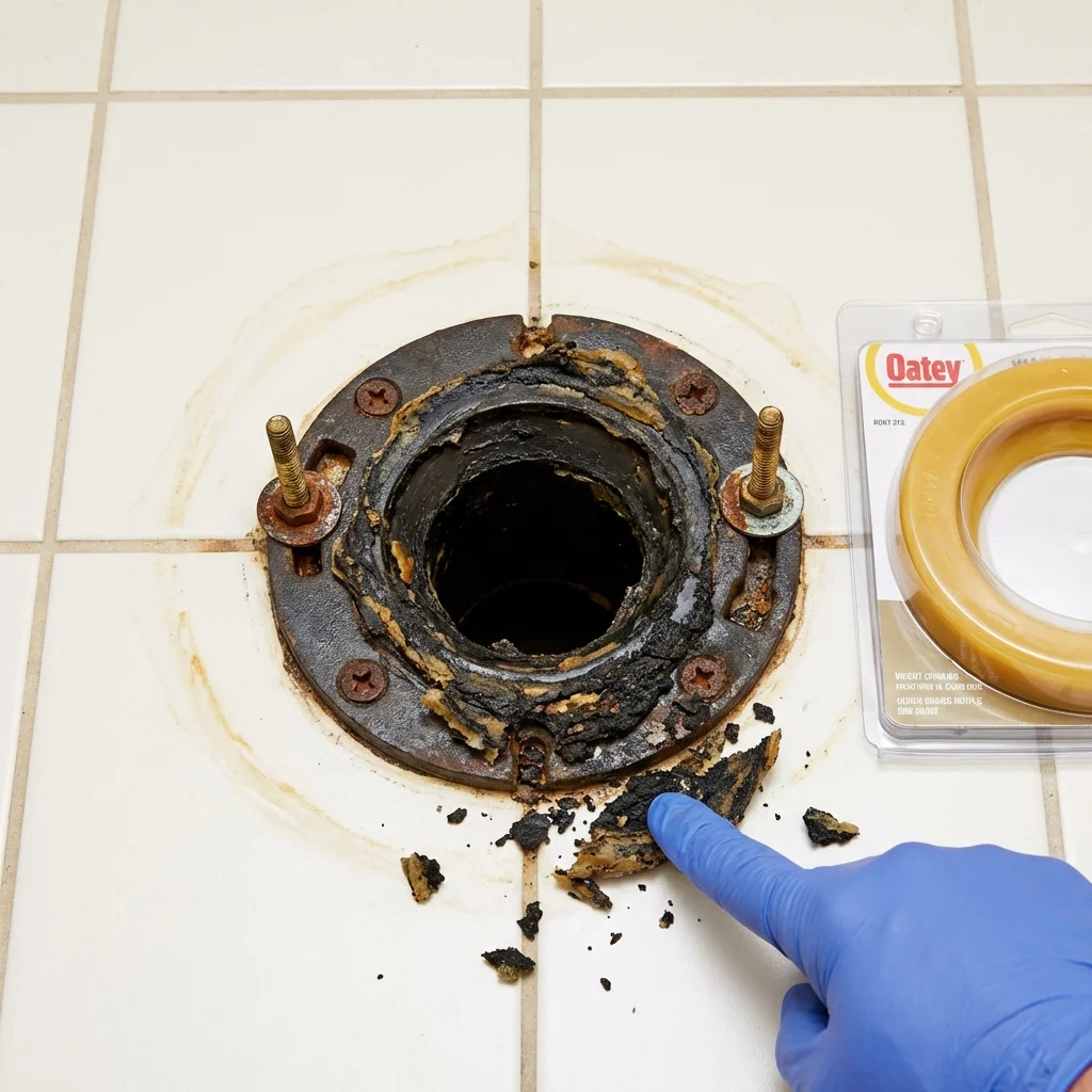Failed wax ring showing water seepage at the base of a toilet in a White River Junction, VT home