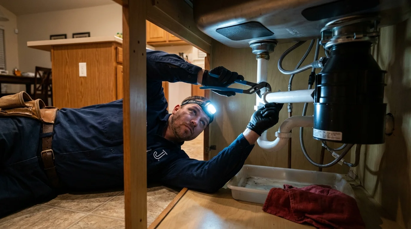 P-trap and supply line connections under a kitchen sink showing a common leak point in White River Junction, VT